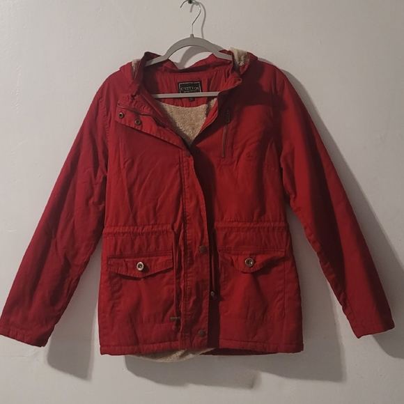 C’Est Toi Jackets & Blazers - C’est Toi Red Hooded Jacket Sherpa Lined | Women’s Size L Cozy Winter